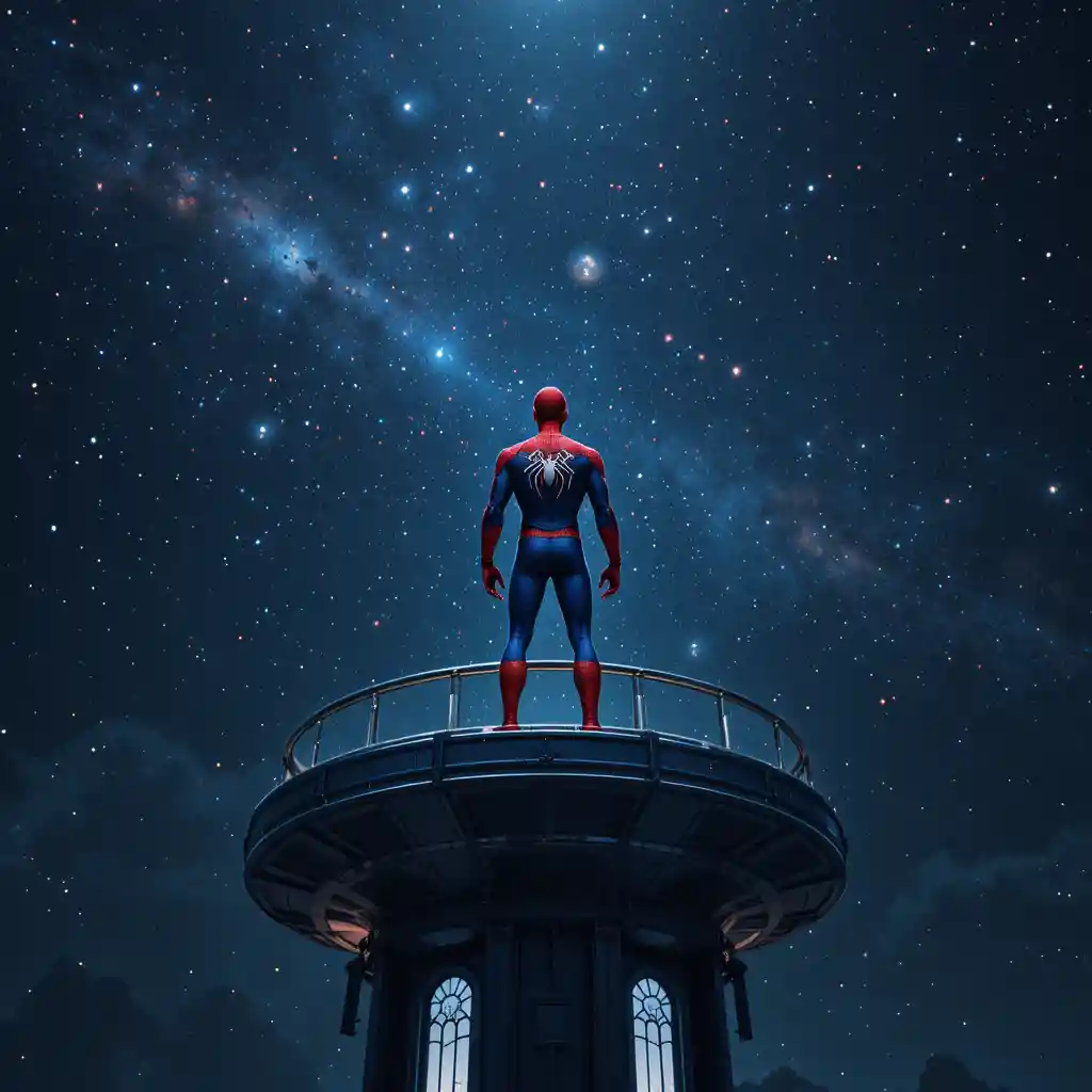 Super-herói observando o espaço de uma torre de vigia orbital