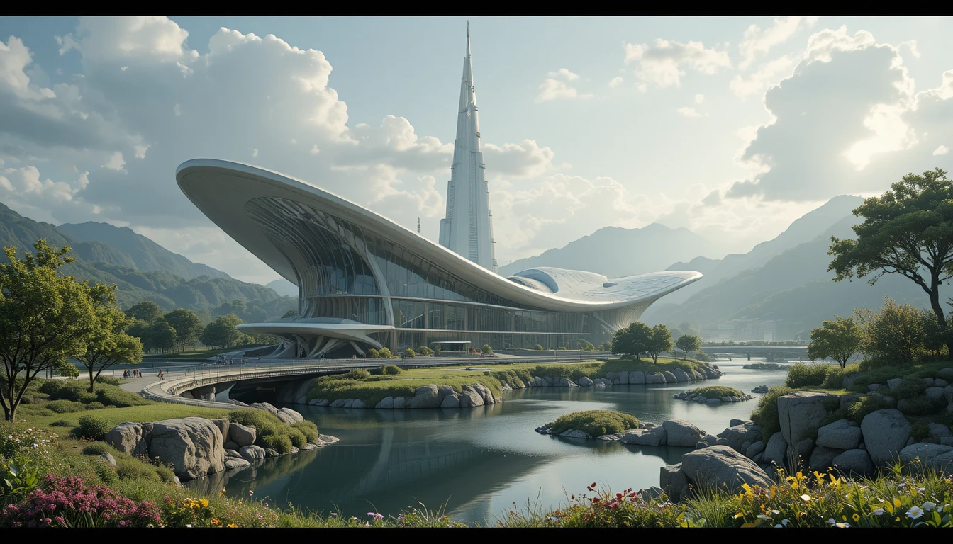 Cinematic view of modern architecture blending into tranquil nature