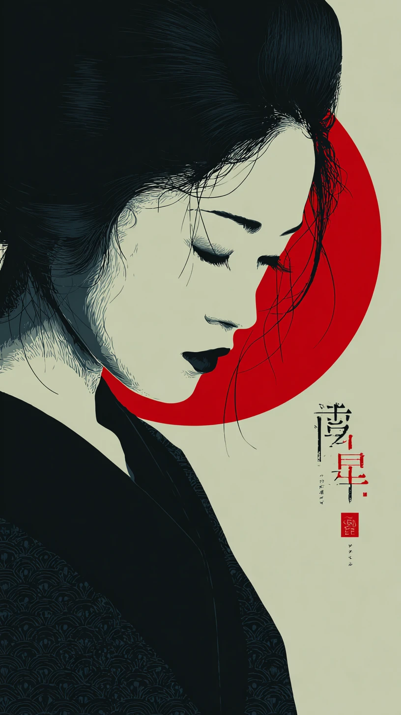 Japanese woman in profile with red sun and kimono