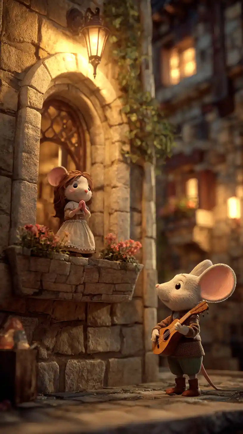 Romantic 3D mouse serenade beneath a medieval balcony