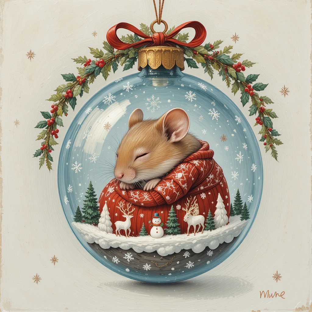 ガラスのクリスマスオーナメントの中で眠るねずみの絵