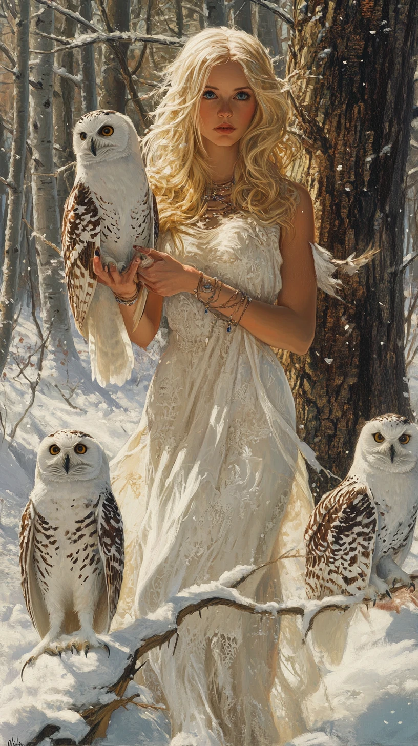 Mulher de Branco com Corujas-das-Neves em uma Floresta de Inverno