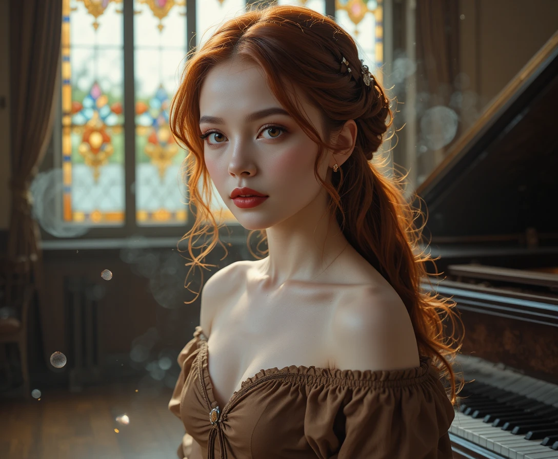 Red haired woman at a piano in soft window light