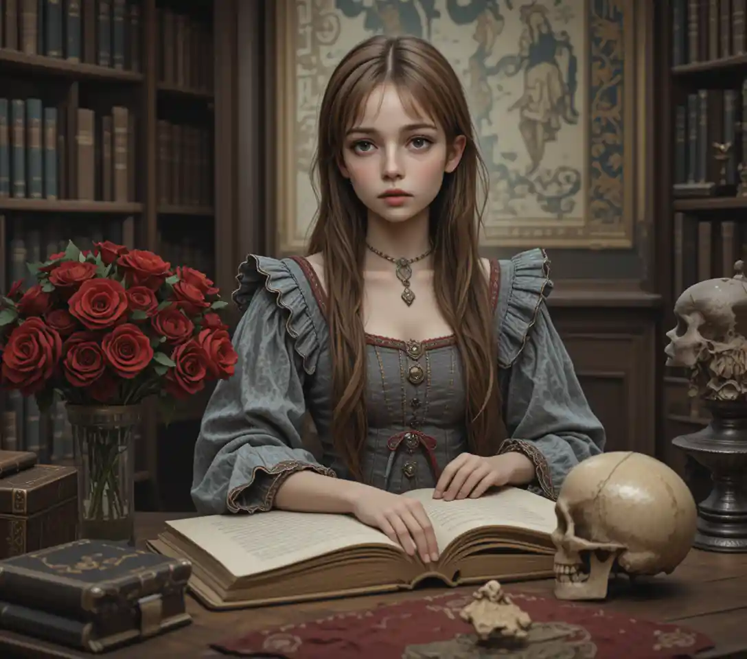 Young girl reading an antique book in a gothic room