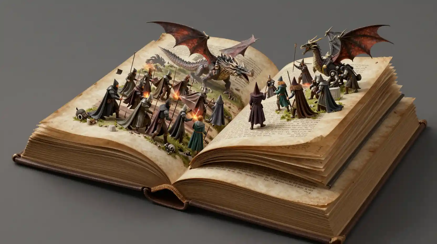 Piccolo mago che gira le pagine di un enorme libro 3D vintage aperto