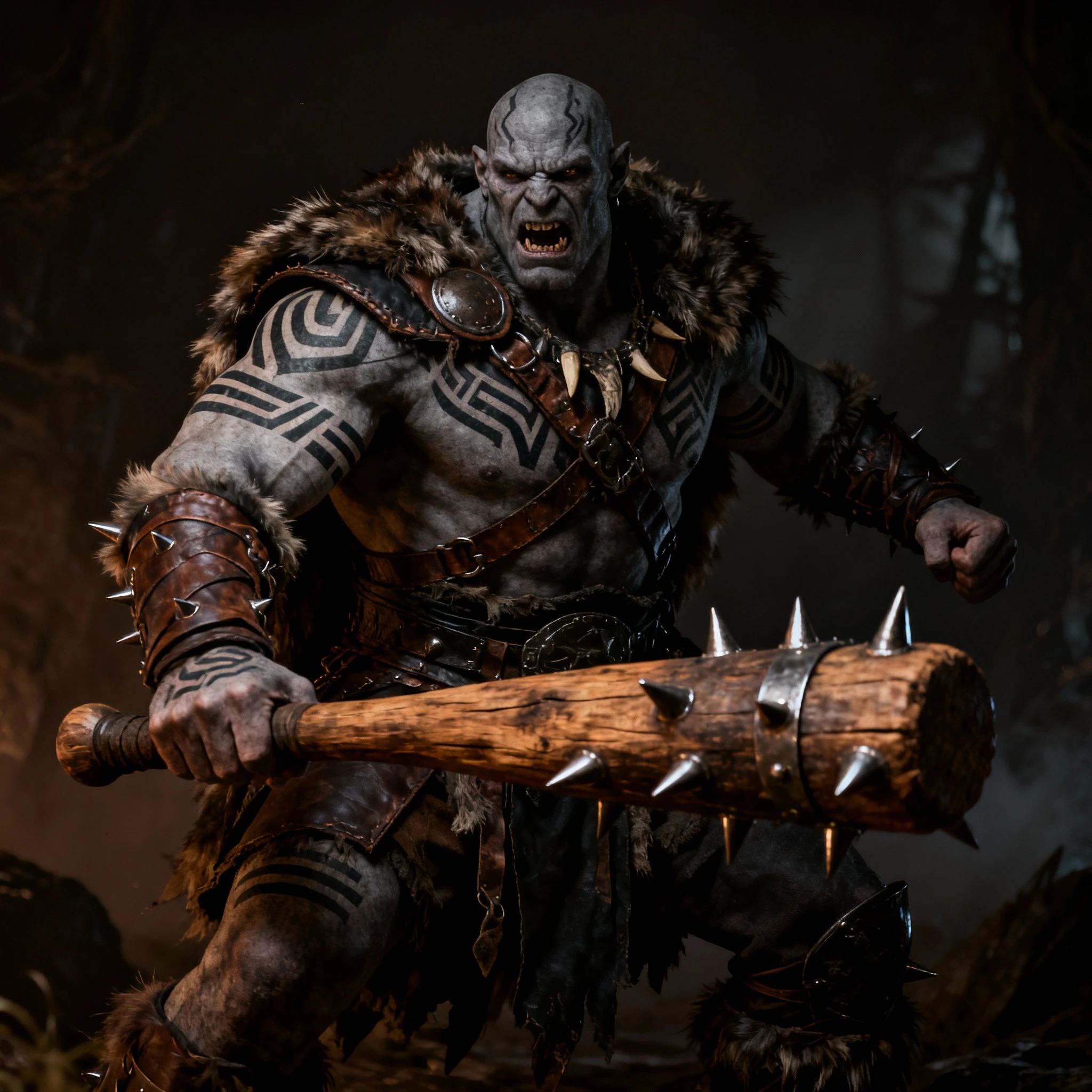 Dark fantasy barbarian warrior with tribal tattoos and club