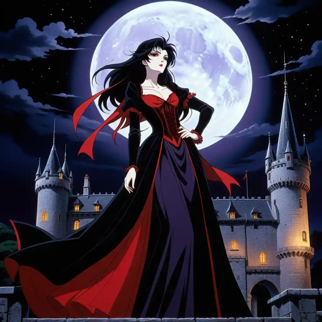 Vampire lovers embracing in a dark gothic castle