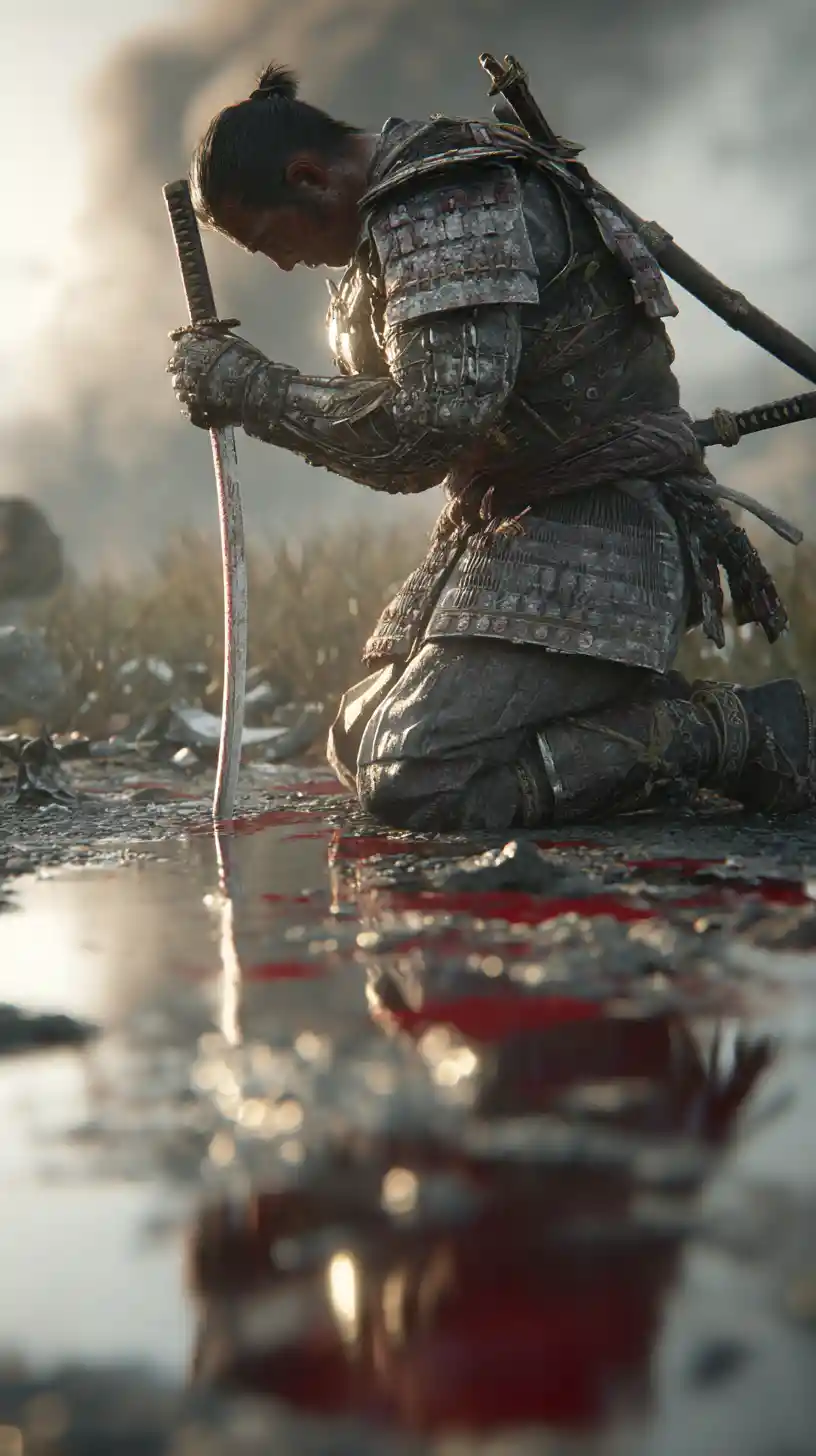 Samurai Kneeling In Reflection On A Chaotic Battlefield