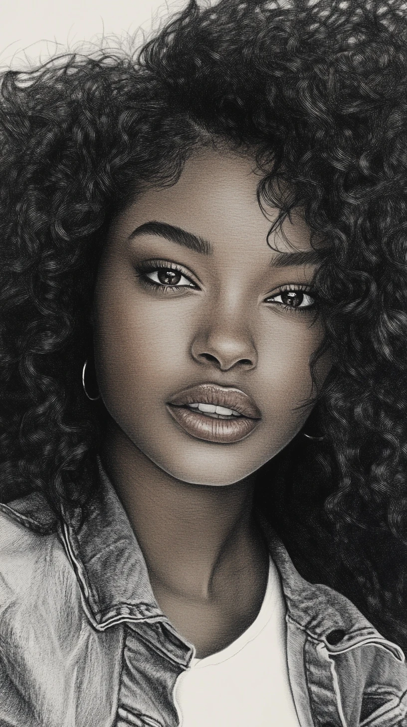 Graphite portrait of a curly haired girl in hooded bomber jacket