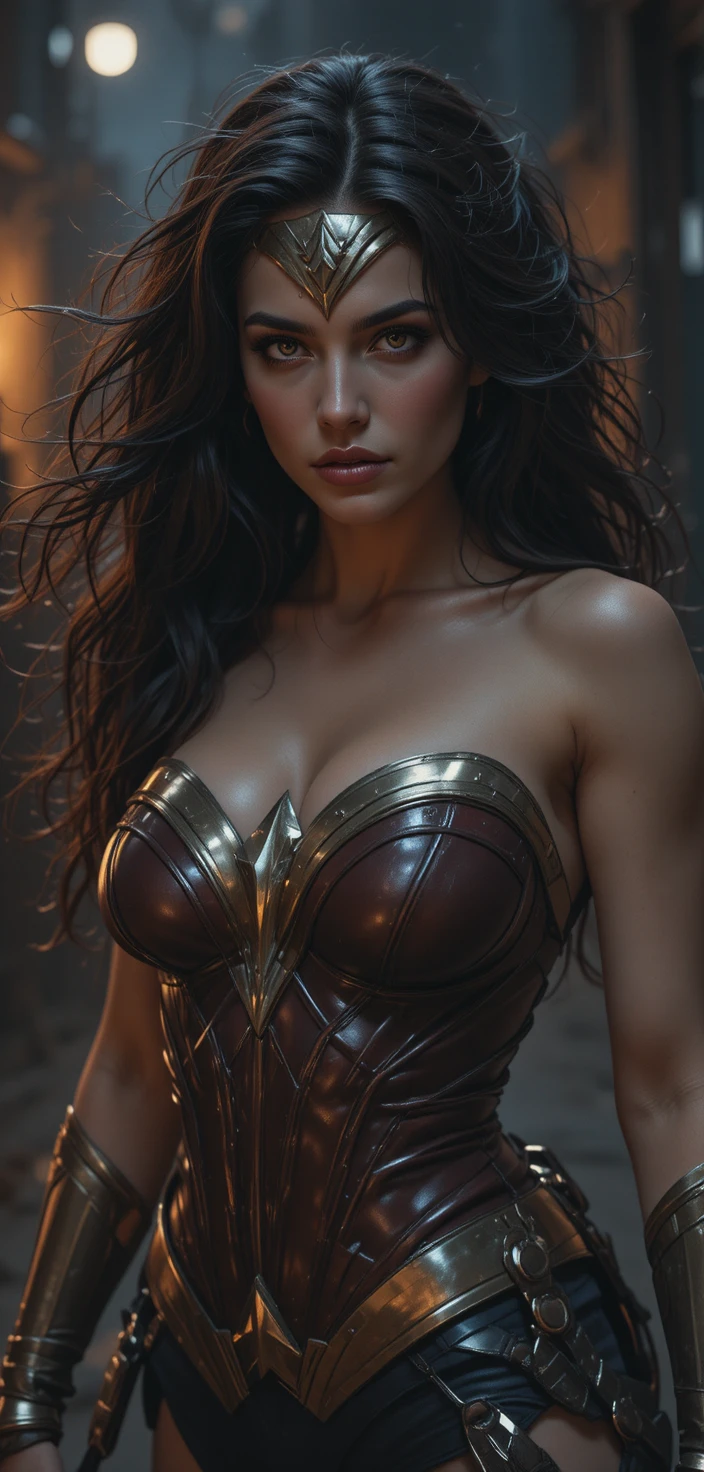 Warrior woman posing like a feline in the moody night