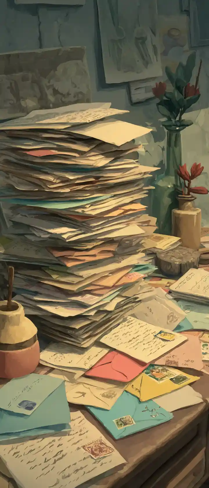 Unread letters scattered across a quiet cluttered desk