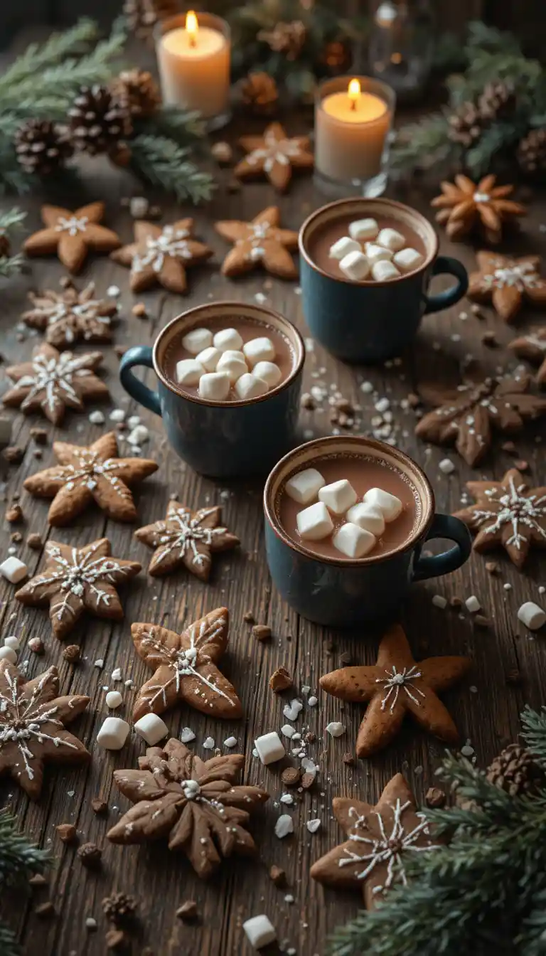 Rustikaler Holztisch mit Lebkuchen und heißer Schokolade