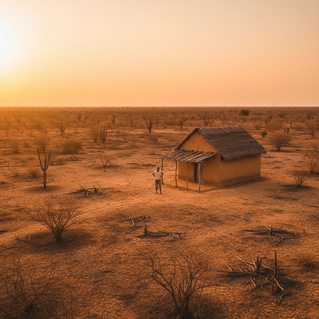 Casa Solitária na Seca do Sertão Brasileiro ao Entardecer Dourado
