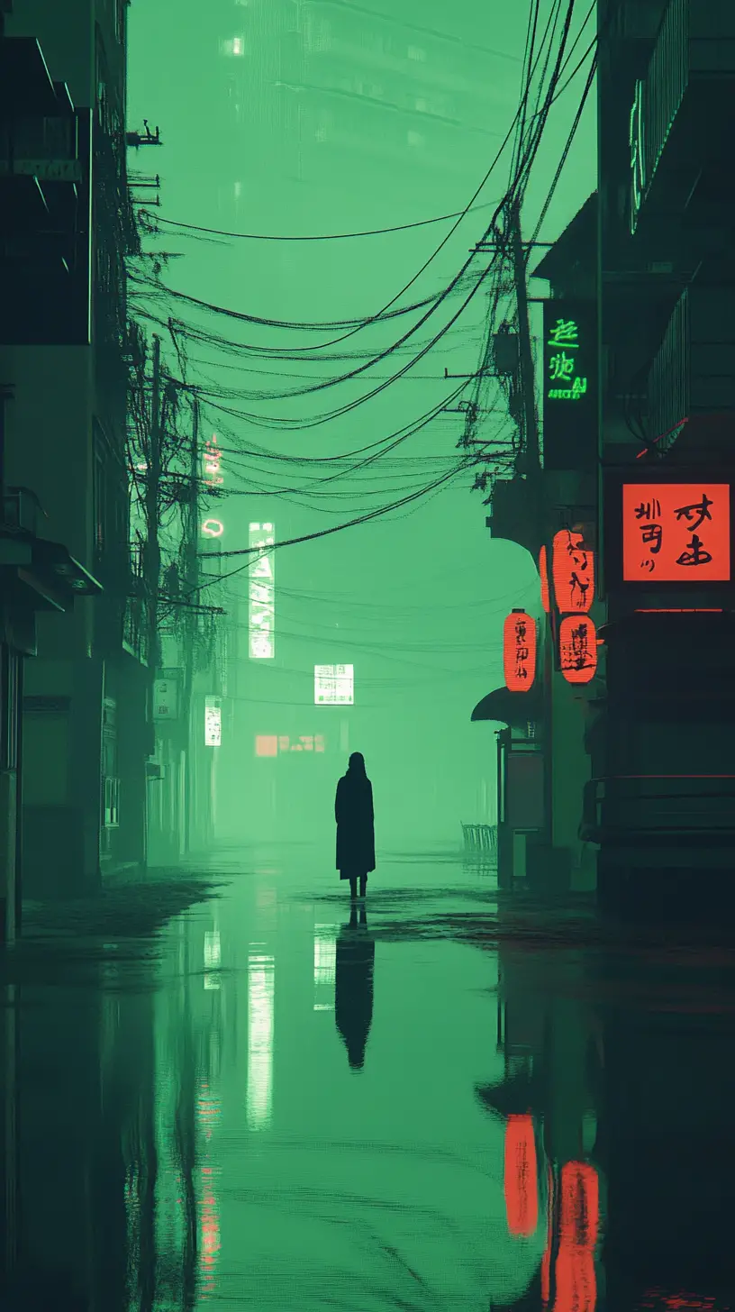 Solitary man by water in green lit japanese street