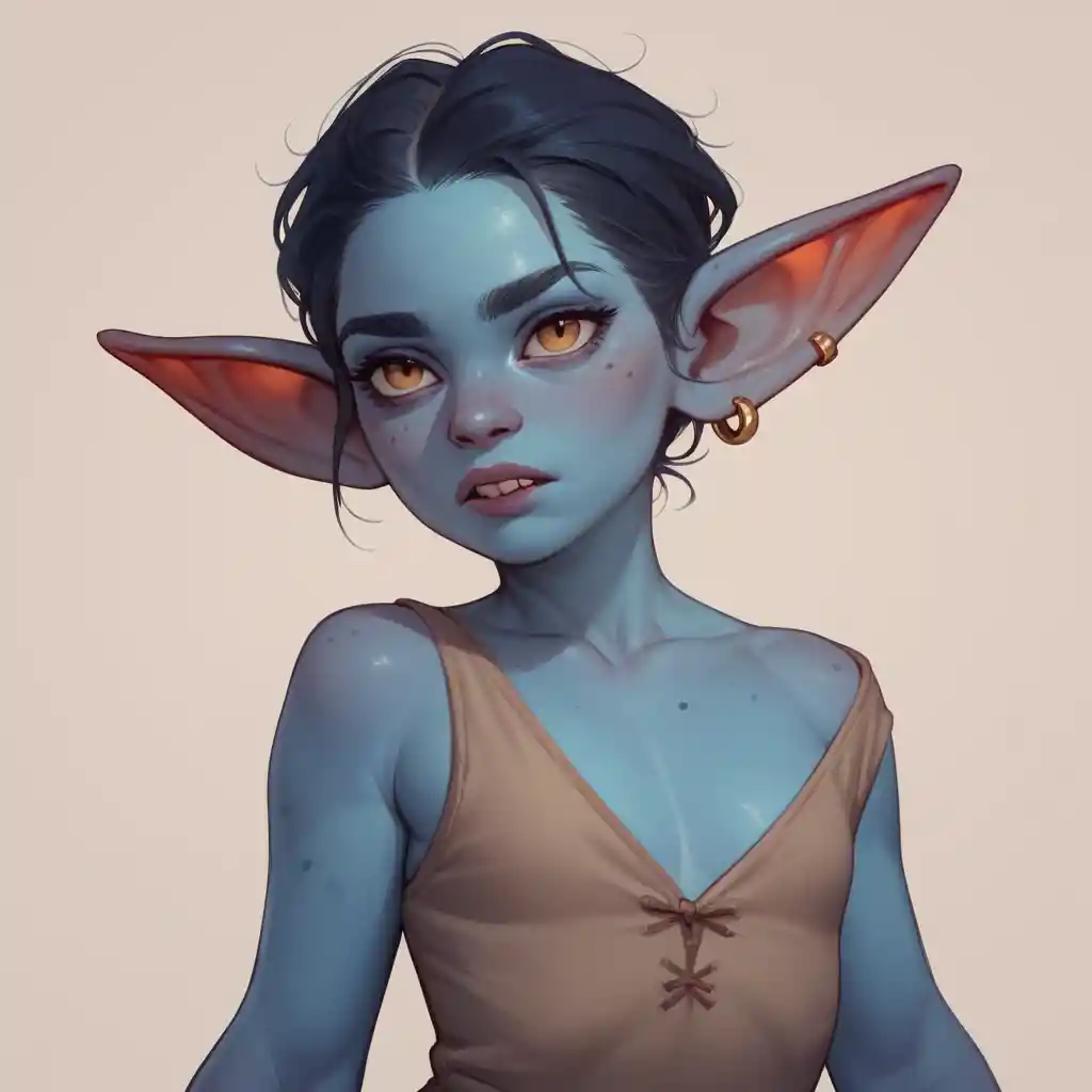 Kleiner blauer Goblin steht allein in einem trüben Sumpf
