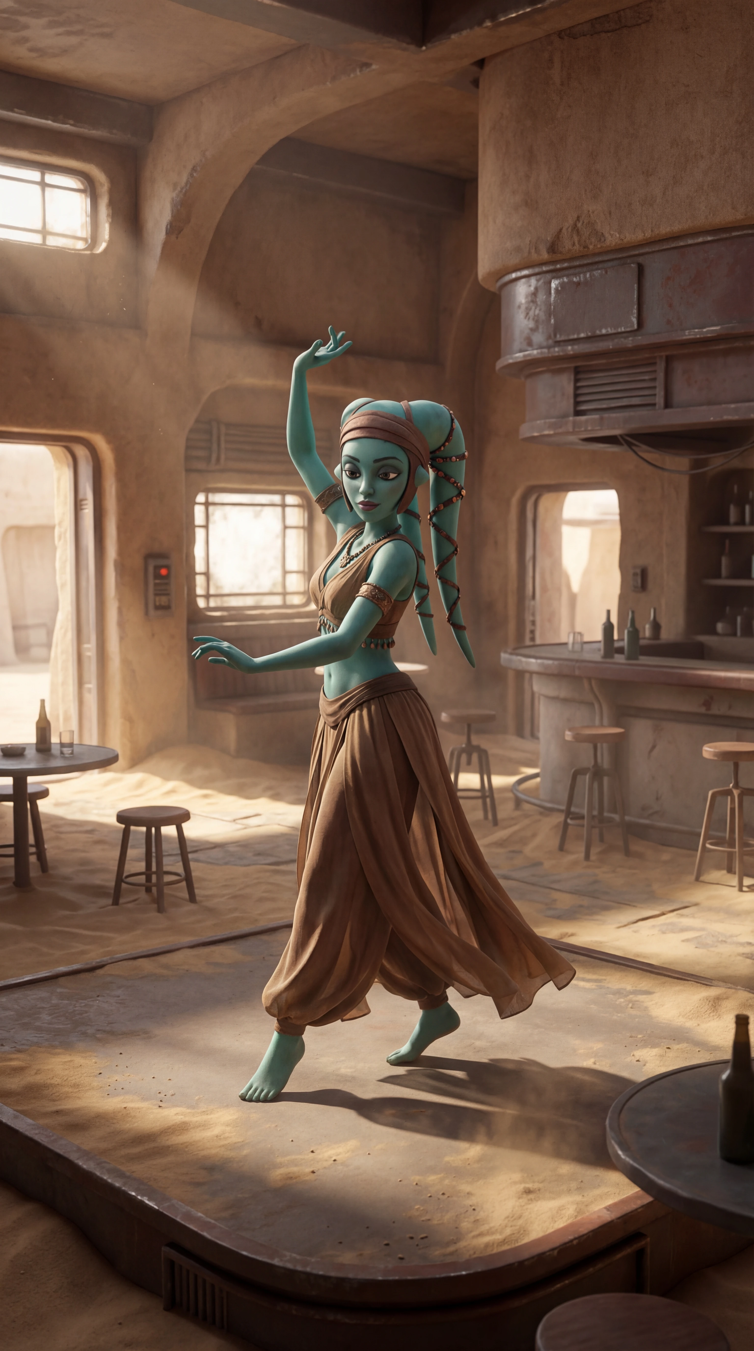 Ballerina aliena blu-verde in una cantina sci-fi deserta