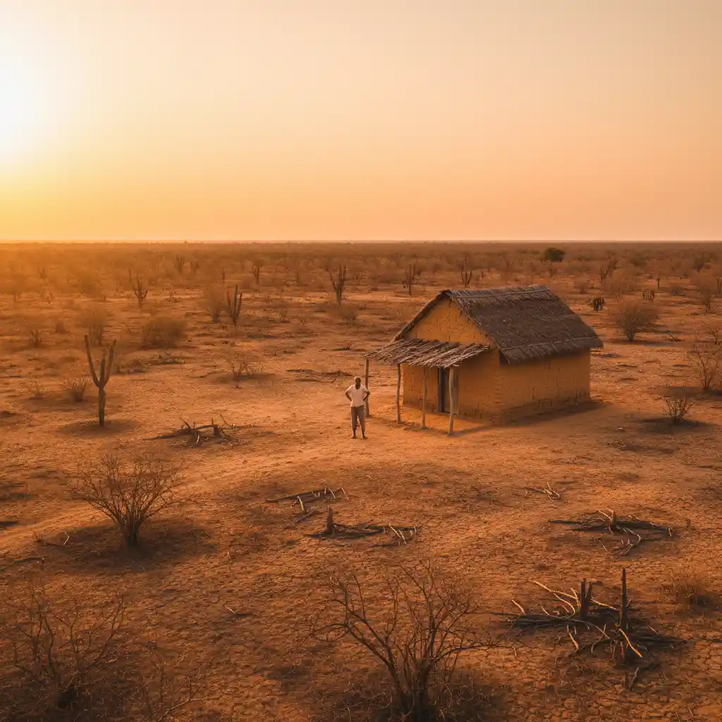 Casa Solitária na Seca do Sertão Brasileiro ao Entardecer Dourado