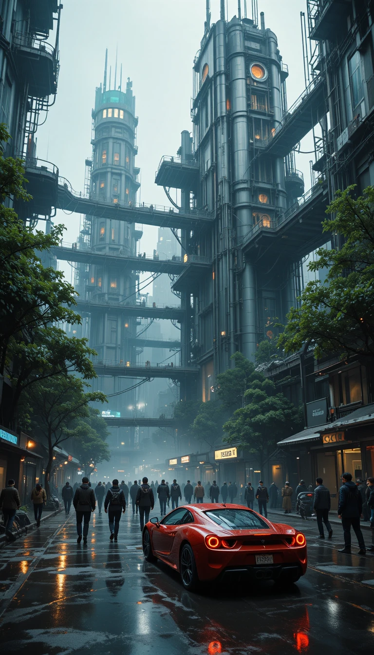 Futuristic city street with red sports car and crowds