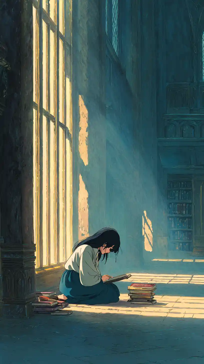 Ragazza anime che legge sul pavimento di una biblioteca alla luce soffusa del sole