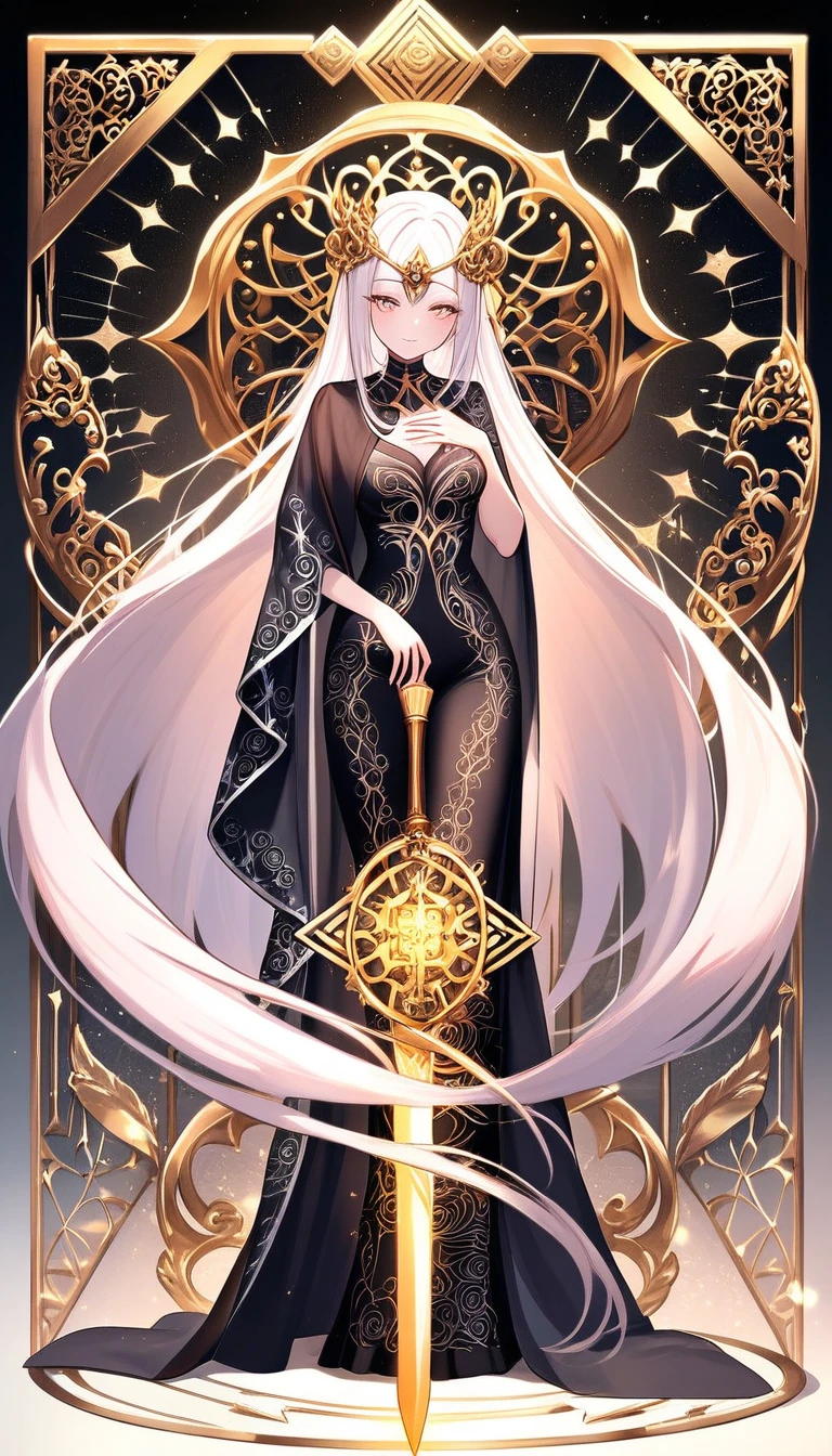 Hooded warrior woman with glowing sword and ornate patterns