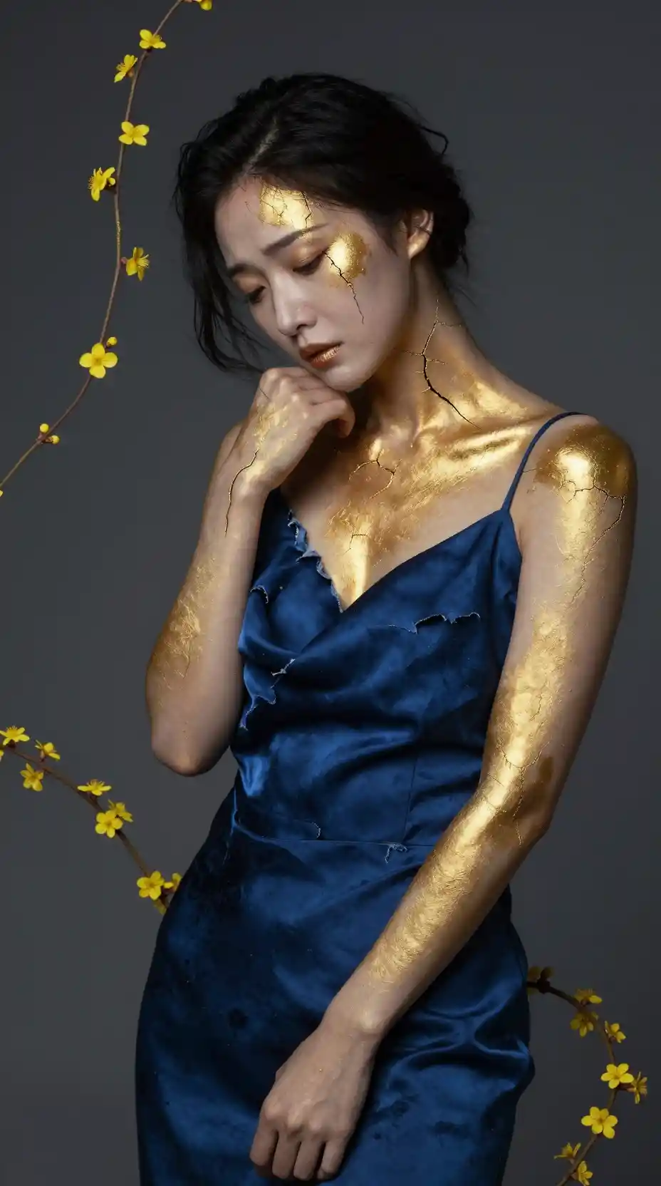 Woman with golden kintsugi cracks in an indigo silk dress