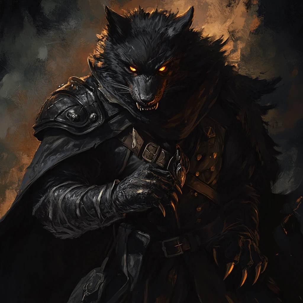 Dark fantasy werewolf with amber eyes and sharp fangs