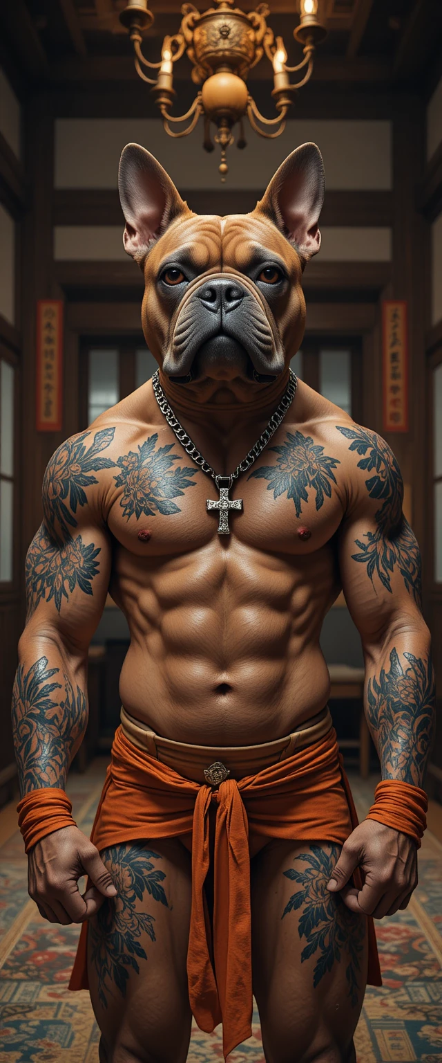 Muscular bulldog headed humanoid in a Japanese room