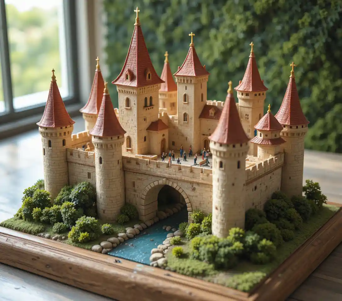Detailed medieval castle model with river and greenery