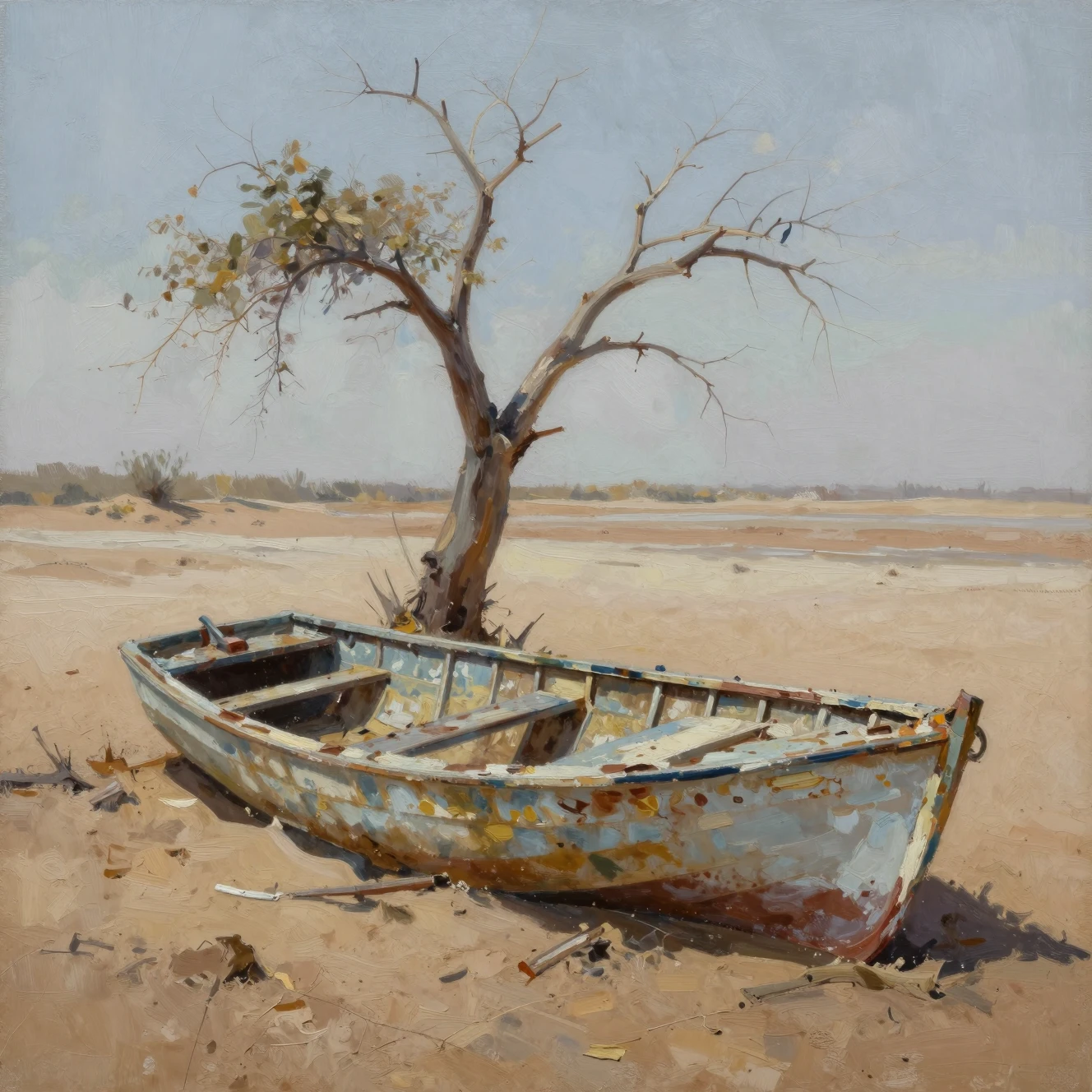 Oil painting of decaying boat in a barren desert lakebed