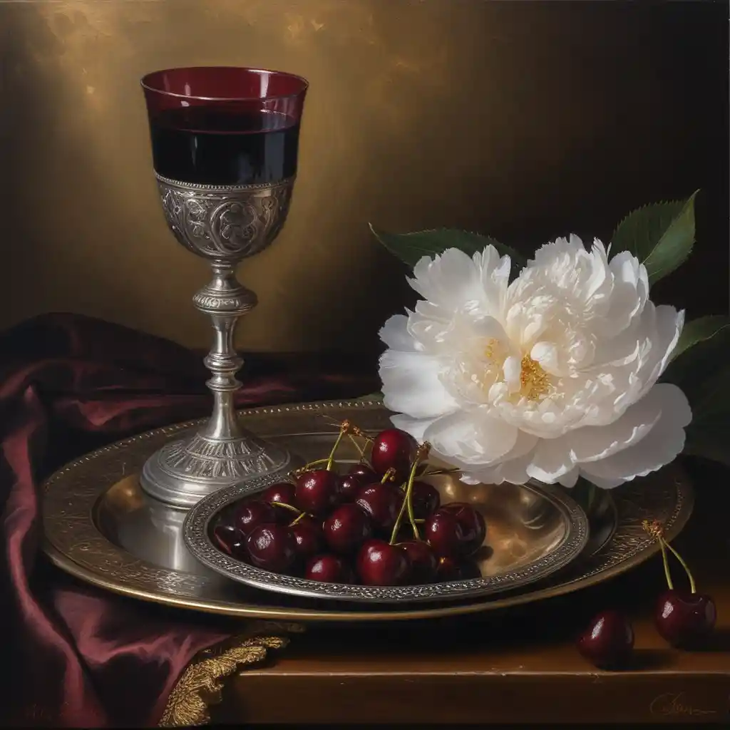 Bodegón barroco con copa de vino, cerezas y peonía