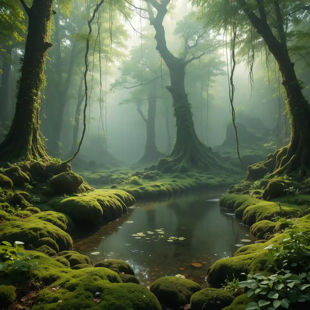 Misty Green Forest With Mossy Pond And Hanging Vines