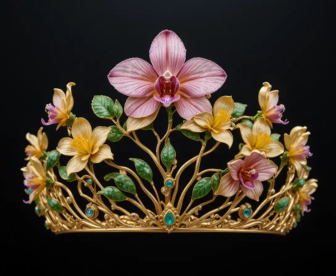 Goldene Orchideen-Tiara mit bunten Edelsteinen vor schwarzem Hintergrund