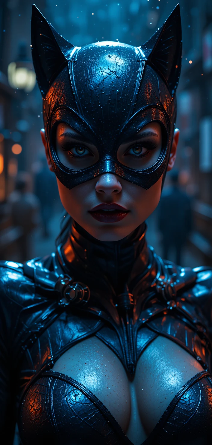 Sensual cat inspired woman in leather under dramatic night light