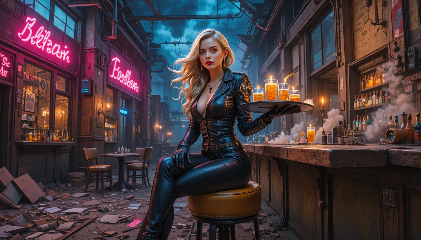 Donna di taverna civettuola che serve drink in un bar illuminato al neon