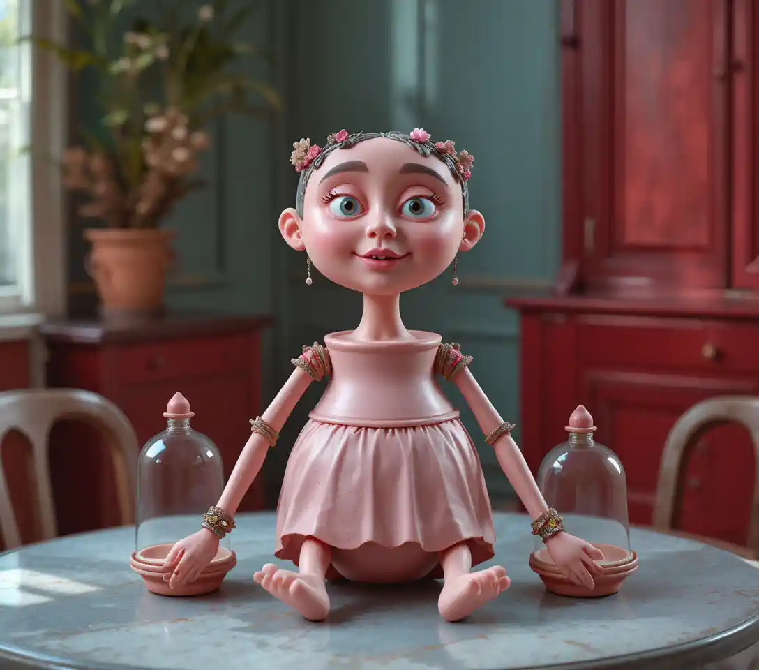 Playful terracotta flowerpot figurine sitting on gray table
