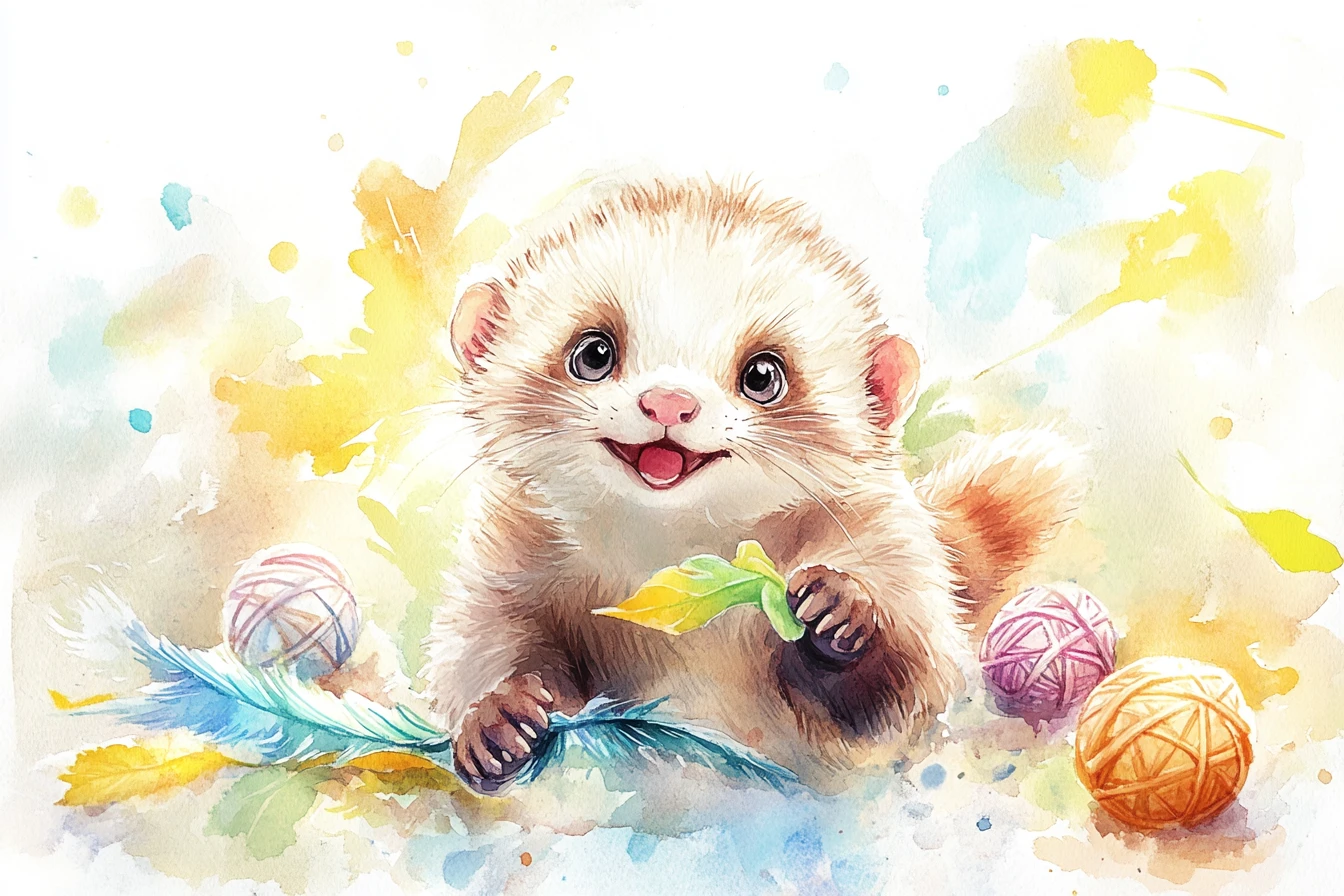 Cucciolo di Furetto Giocherellone con Giocattoli in un Dolce Baby Room ad Acquerello