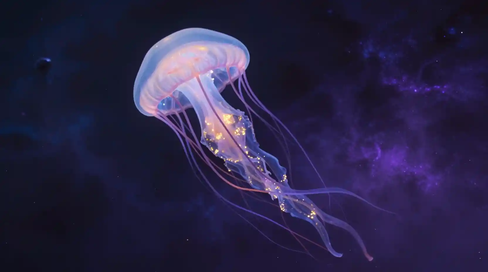 Bioluminescent Jellyfish Floating In A Cosmic Nebula
