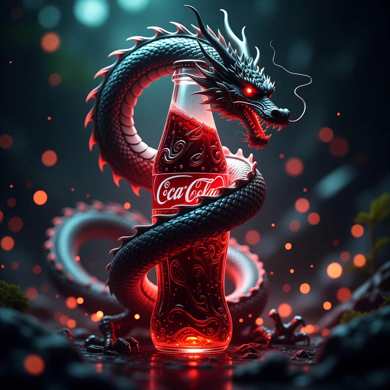 盤踞在發光紅色汽水瓶上的神秘巨龍