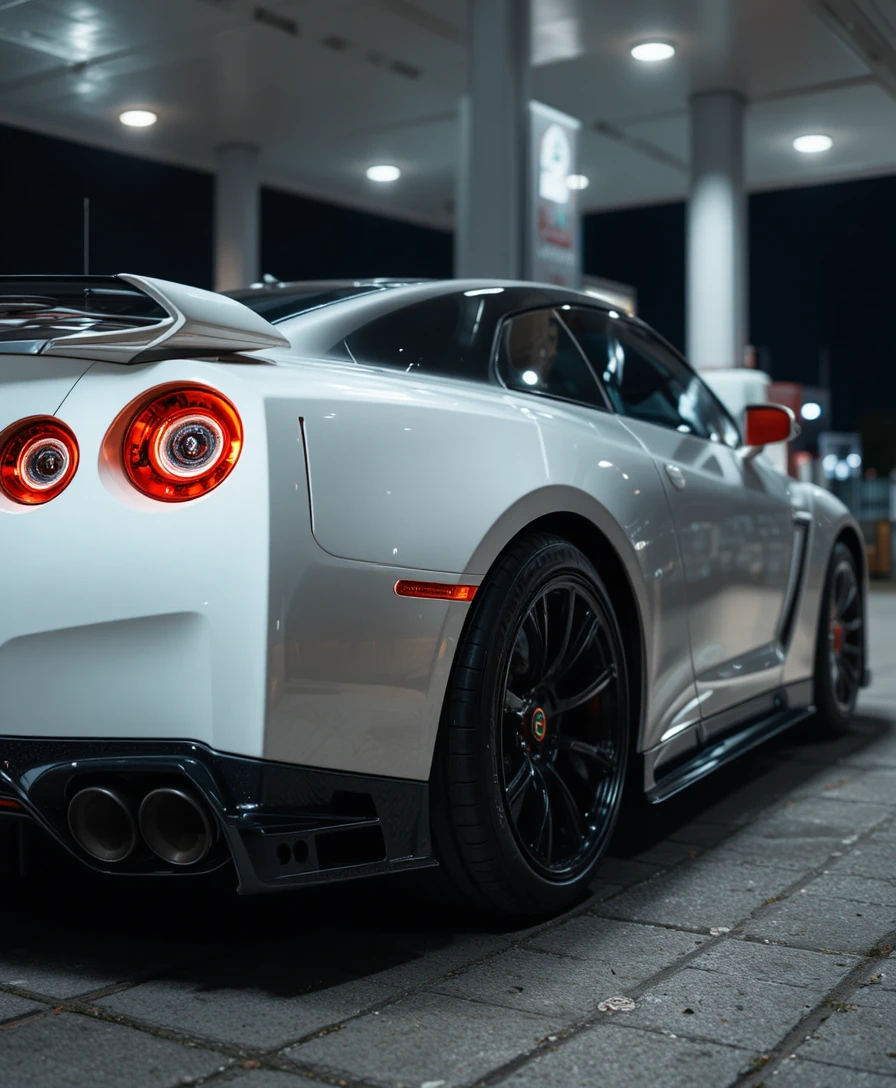 White sports car parked at a quiet night gas station