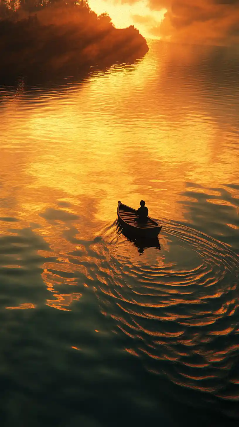 Barca solitaria su lago tranquillo al tramonto dorato