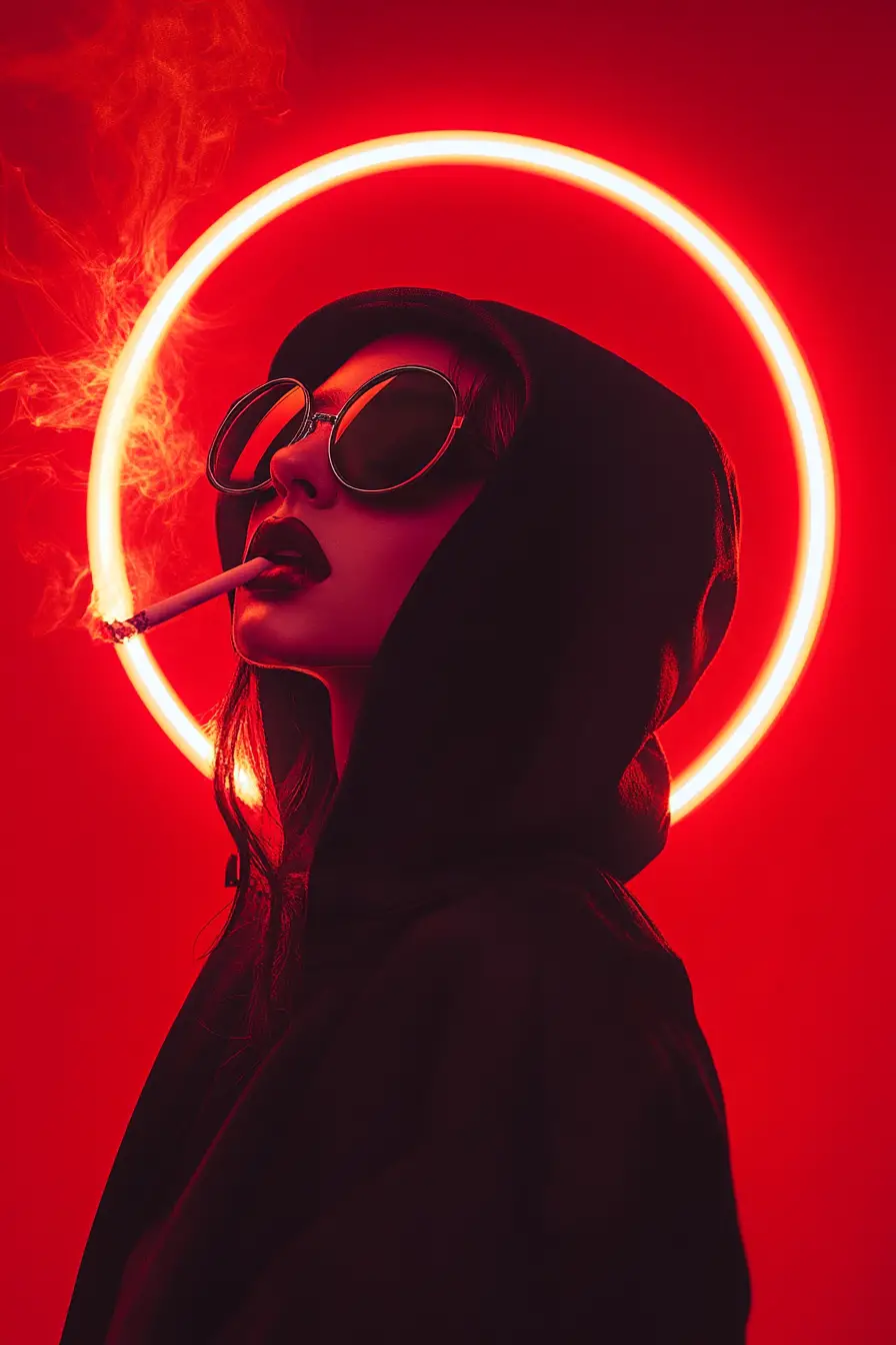 Mulher fashion de perfil com halo neon e fumaça