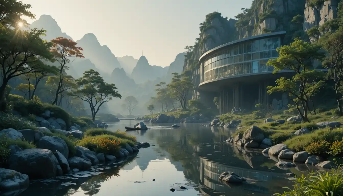 Cinematic view of modern architecture blending into tranquil nature