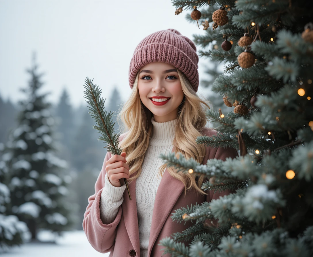 Joyful woman in pink winter coat framed by christmas tree