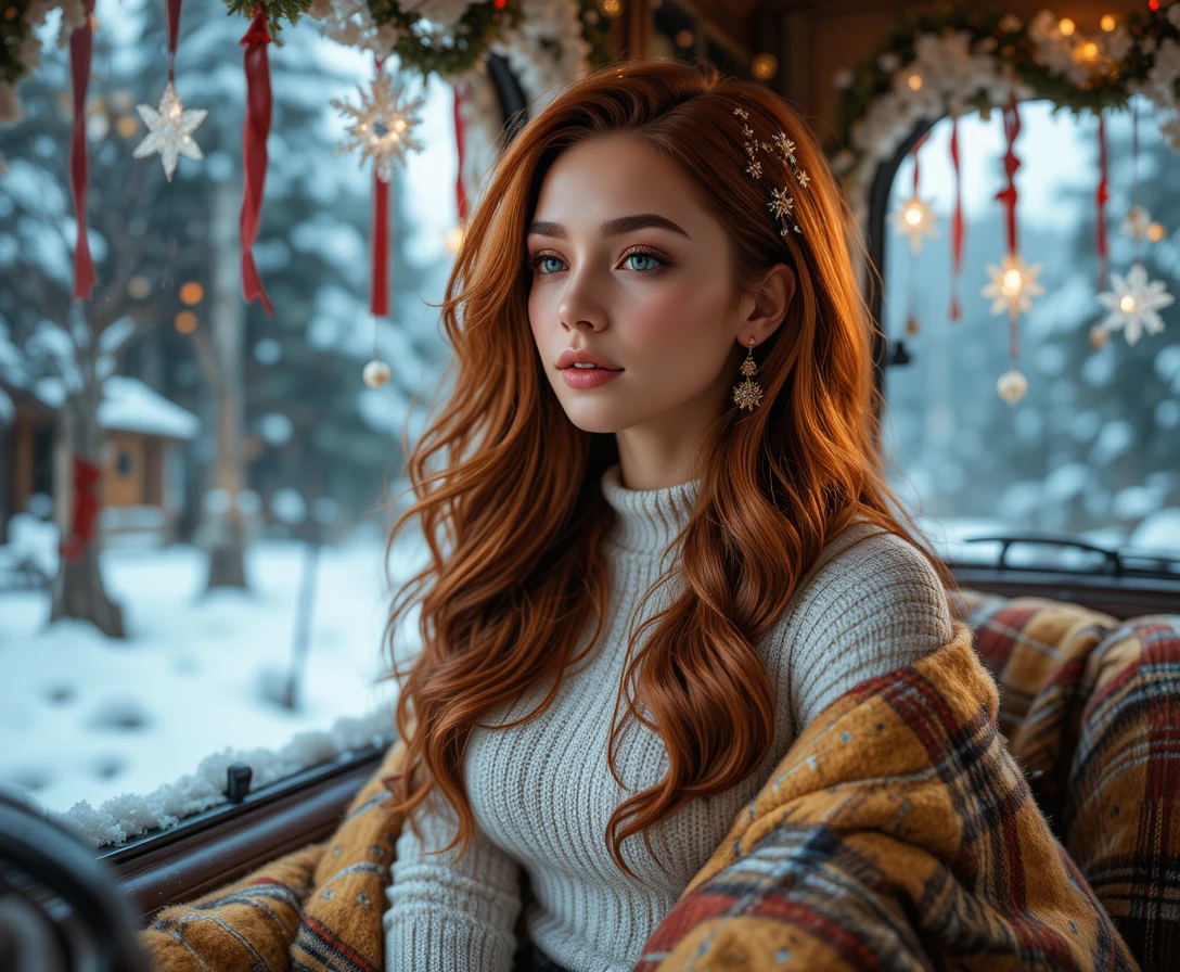 Woman at country window watching gentle winter snowfall
