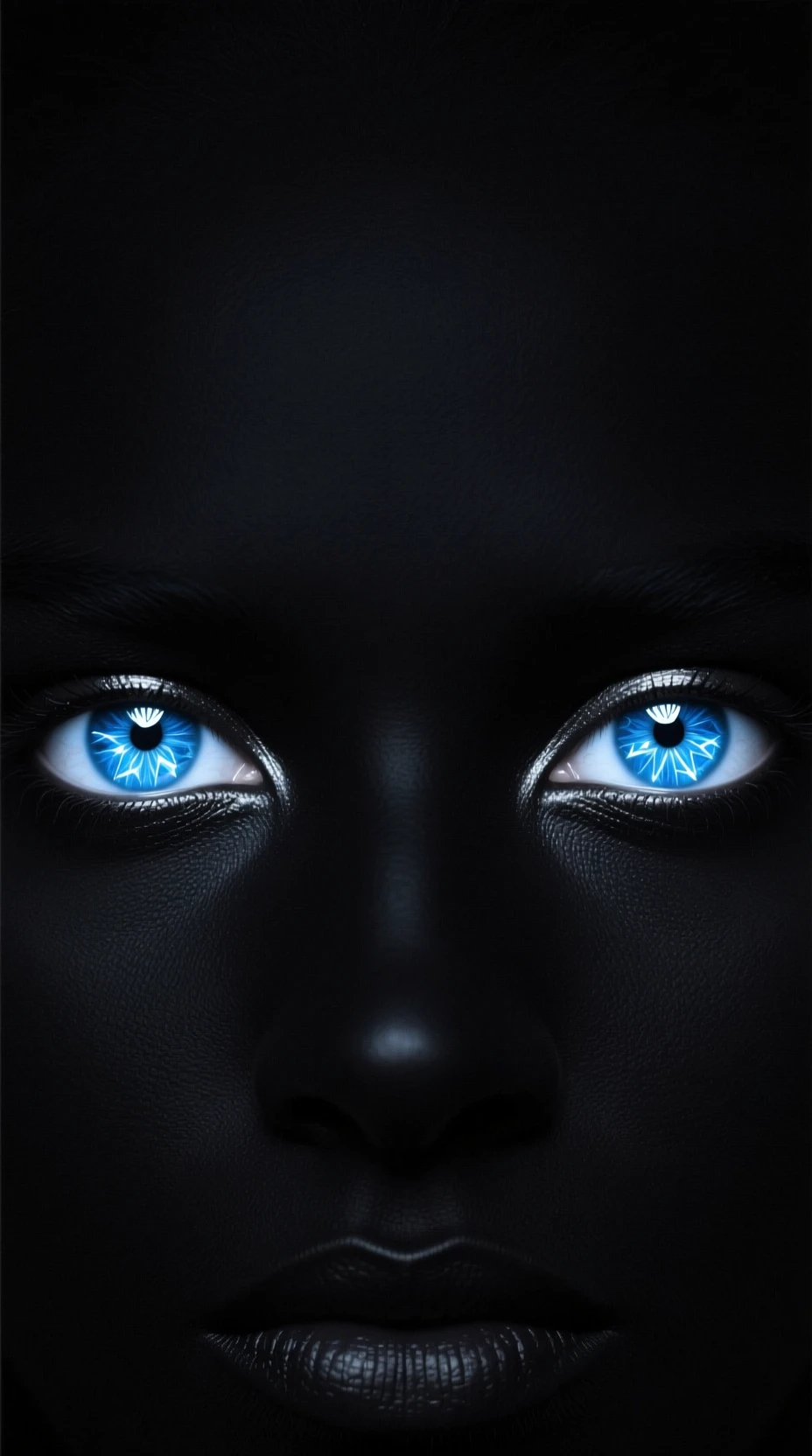 Ojos azul cristal brillantes que emergen de un vacío negro absoluto