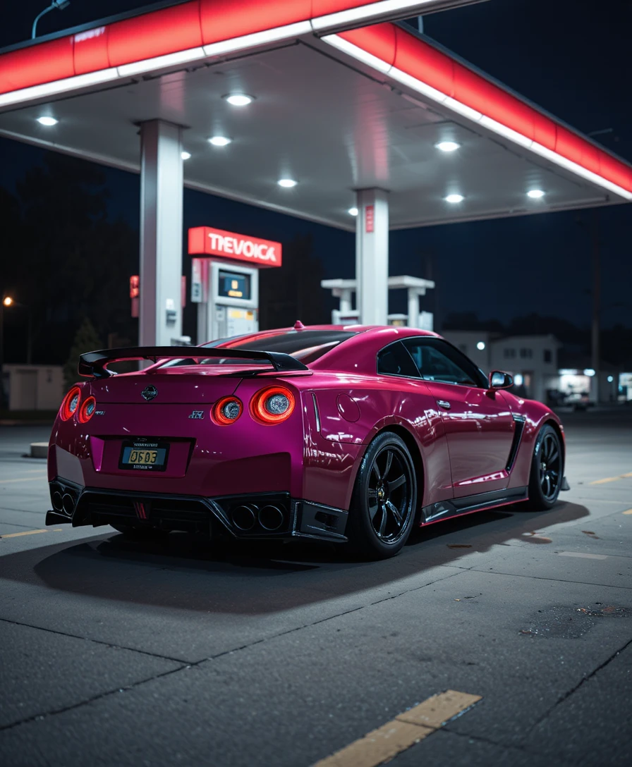 Dark pink sports car at a quiet night gas station