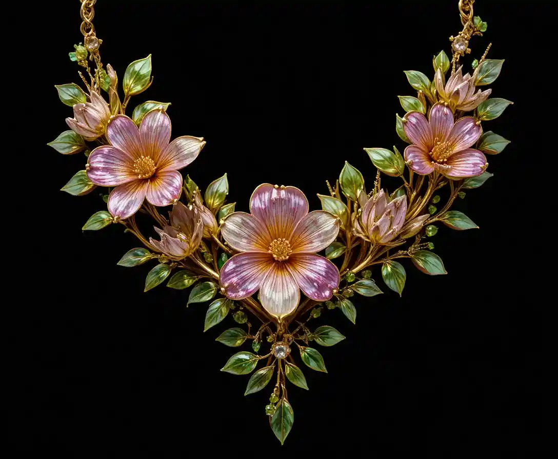 Goldenes Freesien-Blumen-Collier mit bunten Edelsteinblütenblättern
