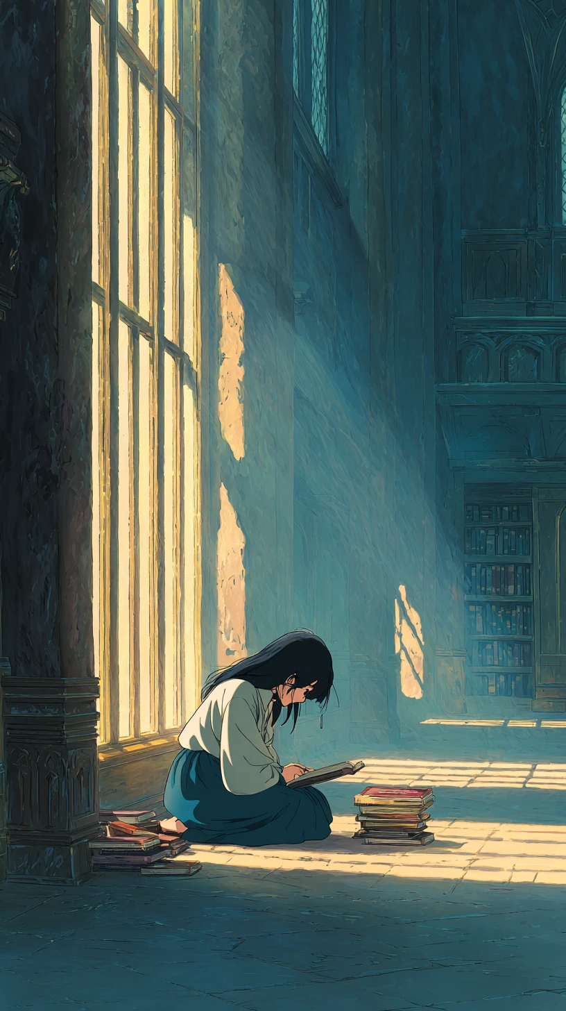 Ragazza anime che legge sul pavimento di una biblioteca alla luce soffusa del sole