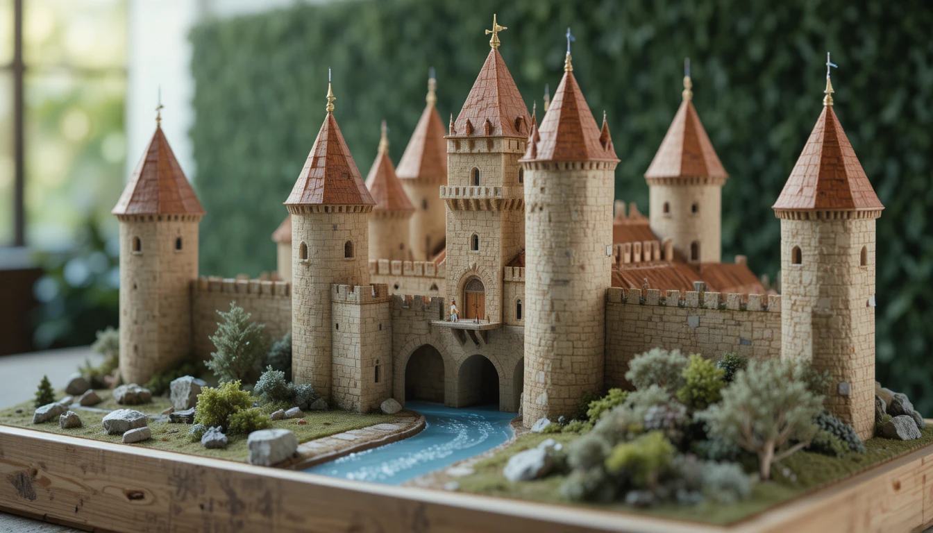 Detailed medieval castle scale model on wooden base