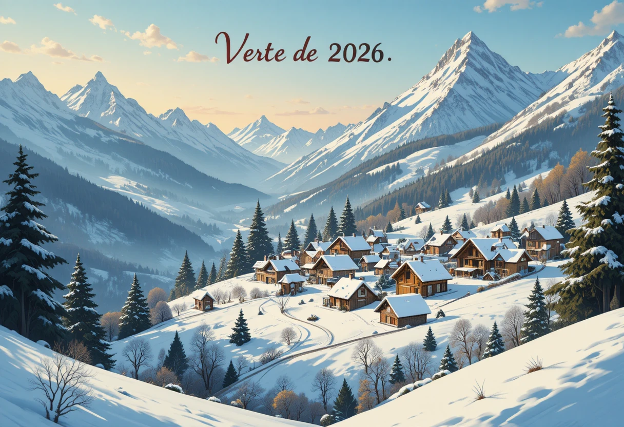 Freundliche Vektor-Grußkarte mit verschneitem Bergdorf